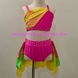 Dance Costume - CH XL - Jazz, Pink/Green/Yellow, 2 piece skirt and top